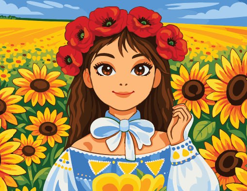 Illustration of a Ukrainian girl in a flower wreath among sunflowers
